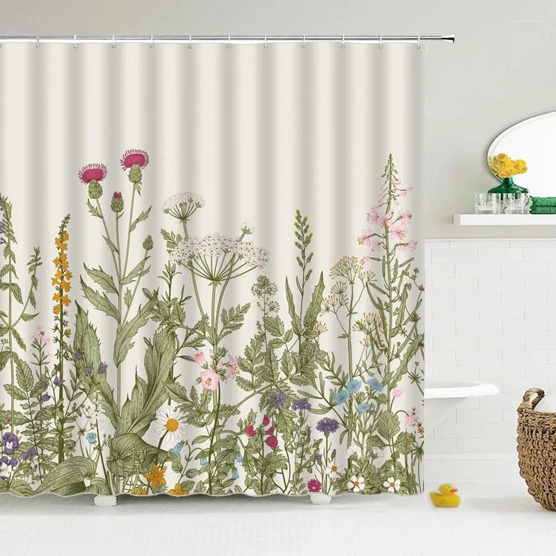 Rideaux de douche de haute qualité, beau rideau en tissu de feuilles de fleurs, bain de lavande imperméable pour décor de salle de bain avec 12 crochets