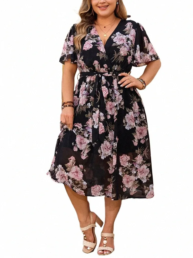 Gibsie Plus Size Size Surplice Neck Butterfly Sleeve Belted Dr Women Holiday Floral Print A-line Boho Summer Lg Dres 2024 New 69yz＃