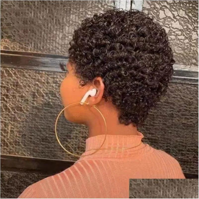 Perruques en dentelle Afro Coiffure Pixie Curls Perruque de cheveux humains Court Taper Cut Bob Hine Fabriqué Cuir chevelu naturel Femmes Utilisation quotidienne HD Frontal Drop Delive Ot2NH