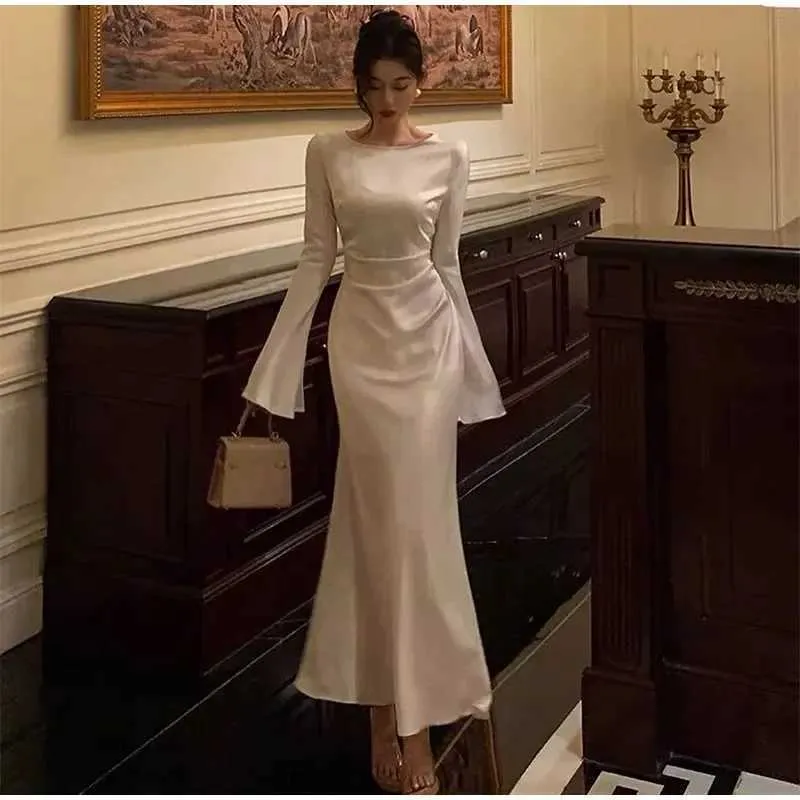 fitted lace wedding dress Long Sleeve White Chiffon Long Formal Dress– PromGirl main image 0