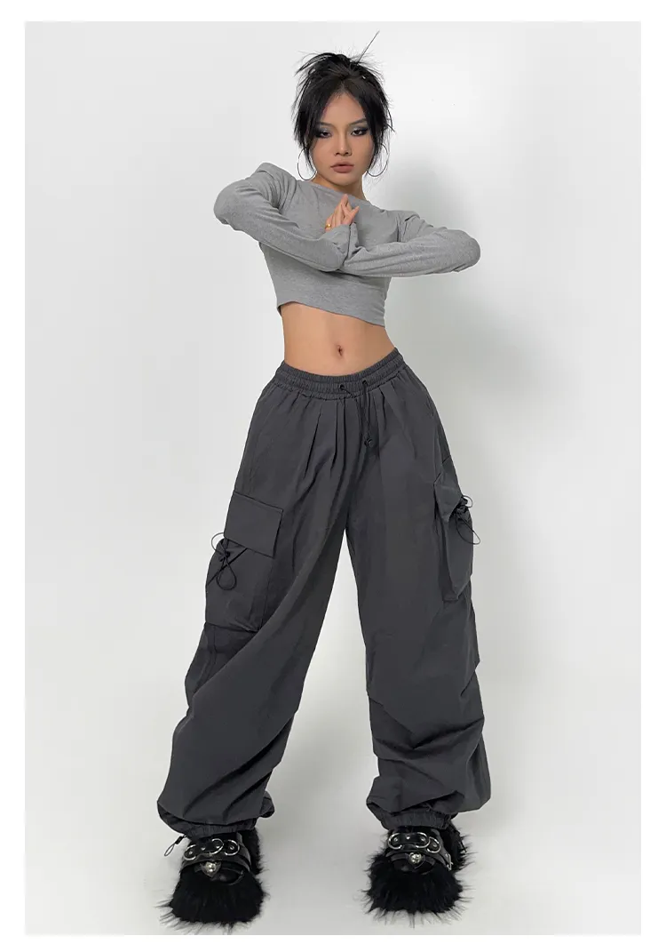 2024Cyber Y2K Red Parachute Cargo Trousers - Oversized Egirl