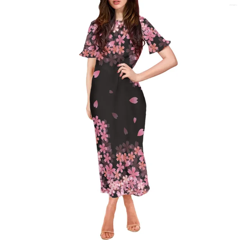 Party Dresses Black Dackground Cherry Blossom Design Print Summer Polynesian Style Short Sleeve Dress Luxury Lotus Women's