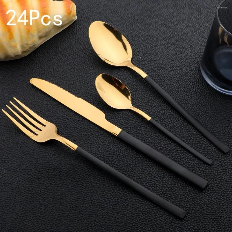 أدوات Flatware يتجهيد 24 مساءً Catwae Stainless Steel Cetlery Black Gold Knives Forks Coffee Spoons Silverware Party Table Set