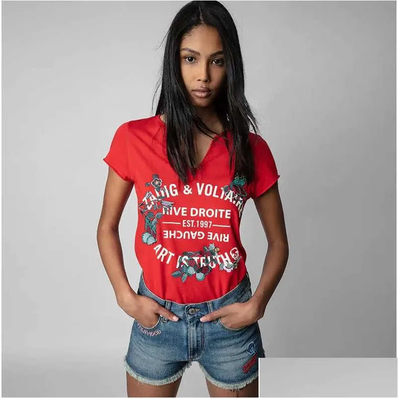 T-shirt da donna Zadig Voltaire 23Ss Estate cotone Nuove donne Designer T-shirt Classica lettera stampa fiore ricamo collo a U manica corta Ot14O