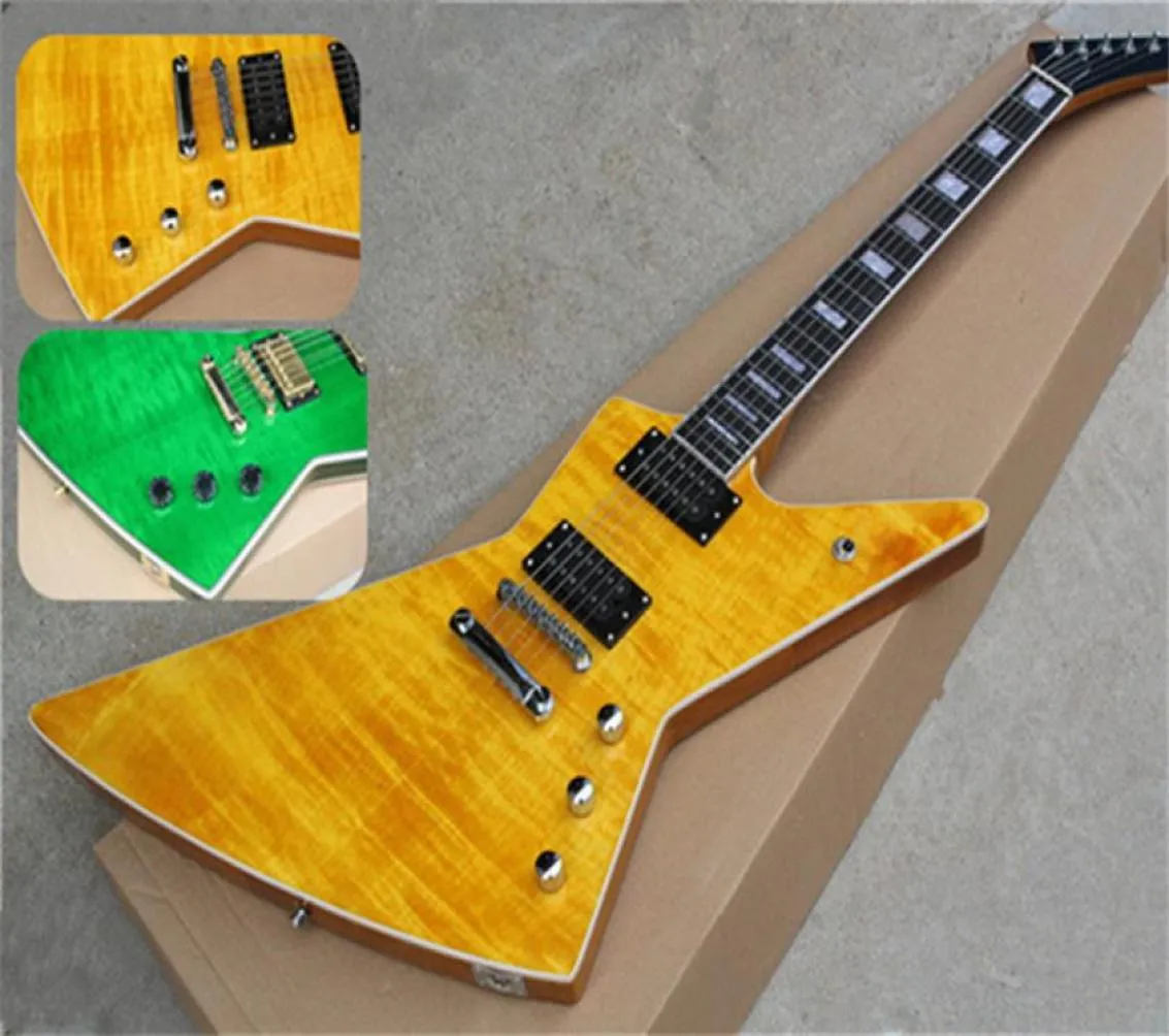 Oregelbunden Explorer Electric Guitar Yellow Green Mahogany Body Flammed Maple Top Rosewood Fingerboard White Binding HH LP Pickups5008102