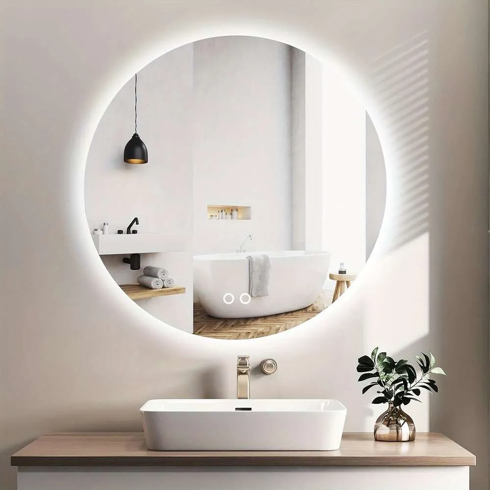 1 st led med lampor 3 färg dimning, defog, speglar runda spegel, smart beröringsbrytare, cirkel bakgrundsbelyst upplyst spegel för badrumsdekor