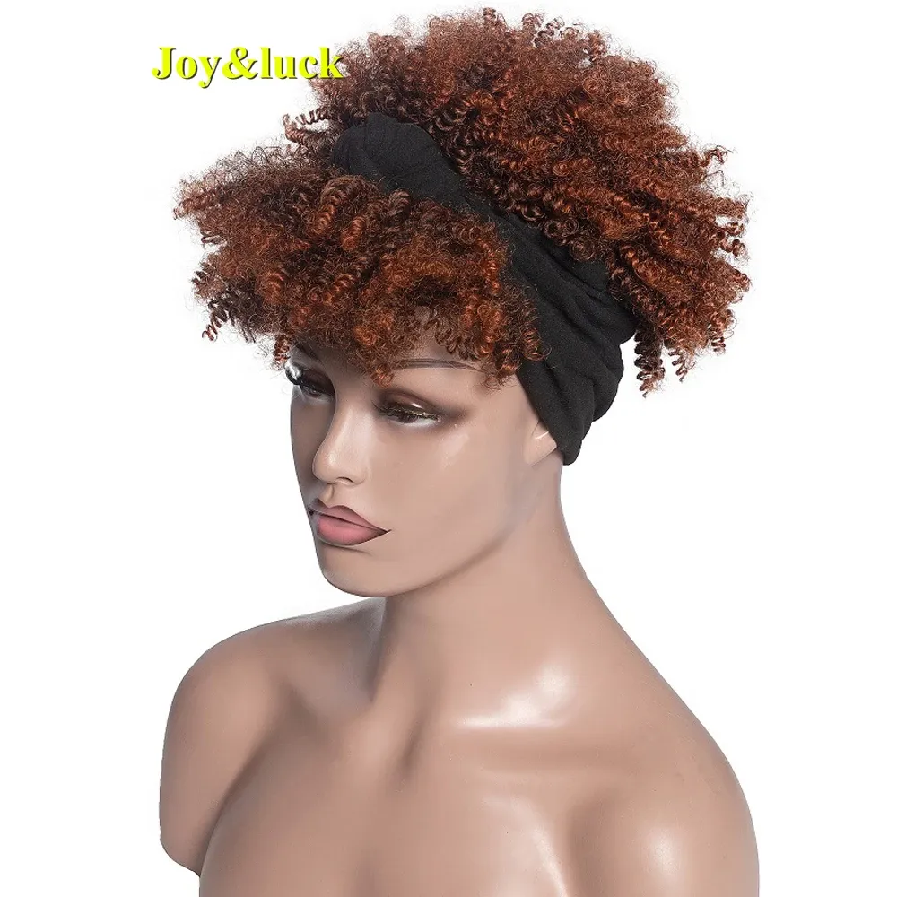 Парики, черный парик с повязкой на голову, короткие коричневые афро странные вьющиеся волосы с челкой, синтетические женские парики из высококачественного волокна