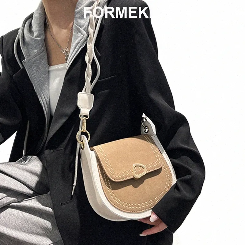 formeki Shoulder Bag For Women Retro Saddle Bag Outdoor Ins Fi Mixed Color Wid Strap Crossbody Bag v5nq#