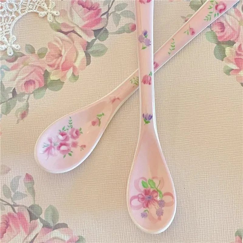 Coffee Scoops Accessories Vintage Pink Spoon Bow Rose Print Ceramic Mixing Home Afternoon Tea Dessert Bar