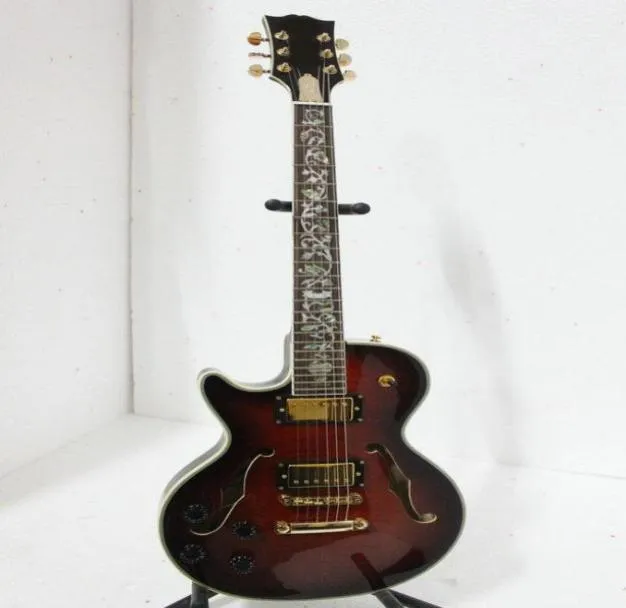 Высокое качество новейшая черная вишня полые левая джазовая гитара цветок гриф2415720