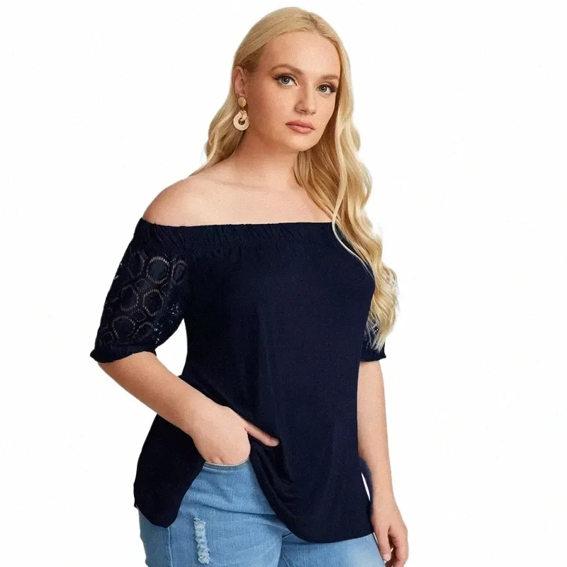 Plus Size Sexy Sl Neck Elegante Verão Top Mulheres Lace Patchwork Meia Manga Casual Blusa T-shirt Tee Plus Size Roupas 7XL Z3gk #