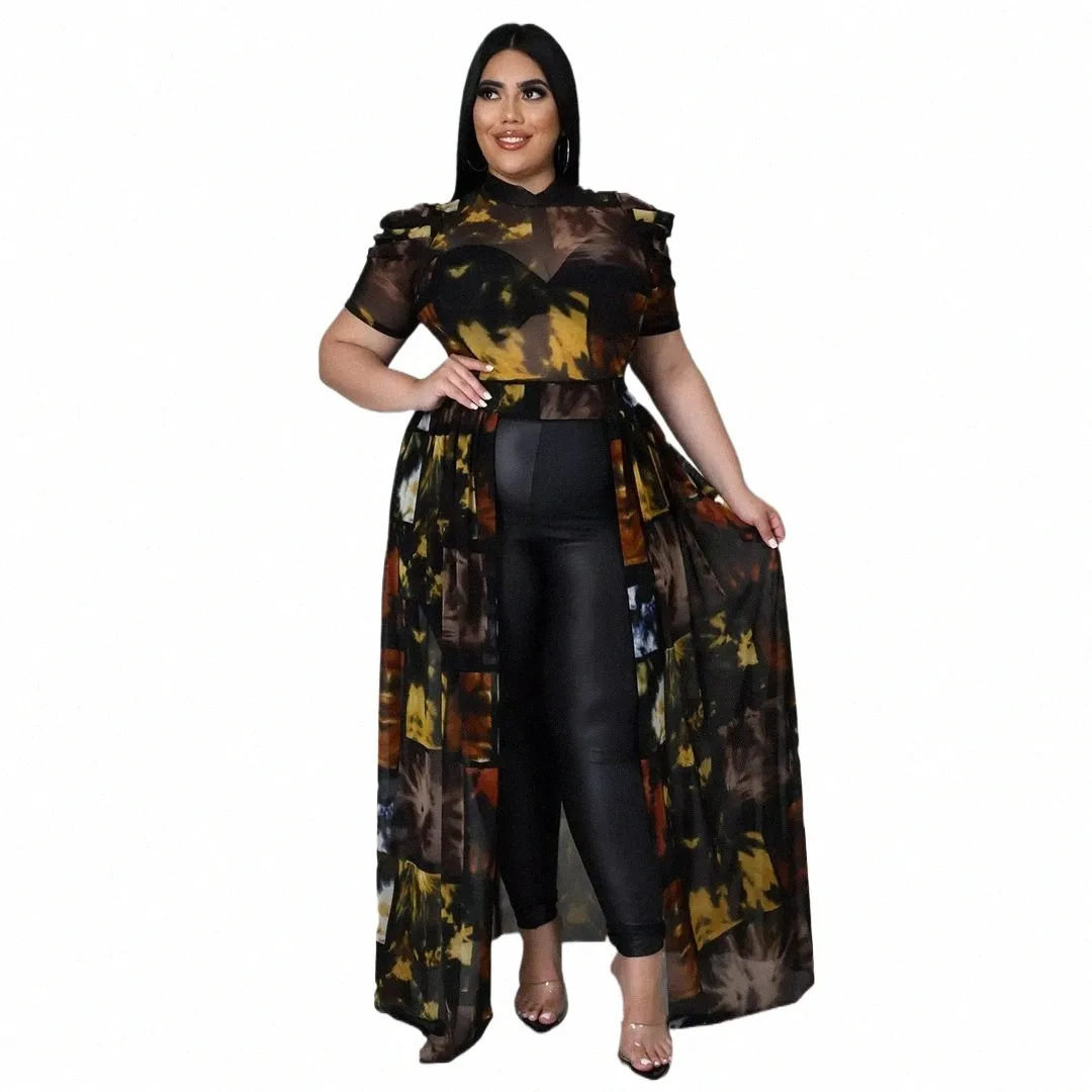 cm.yaya Plus Size Vrouwen Tie Dye Mesh See Hoewel Bladerdeeg Korte Mouw Hoge Split Maxi Dr Stijl Blouse Shirts Top zomer Lente B4bW#