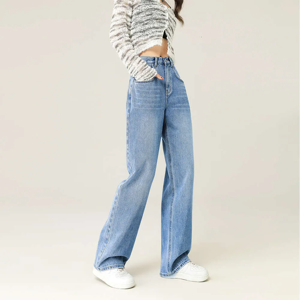 Yüksek Belli Açık Mavi Geniş Bacak Düz Bacak Pantolon Kot pantolonlar Gevşek ve Zayıflama Sonbahar ve Kış için Yeni Armut Şeklinde Figür 2023