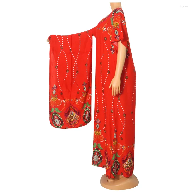 Party Dresses Red Short Sleeve Chic Floral Dress Women Spring O Neck Loose Boho High Waist Long Maxi With Scarf