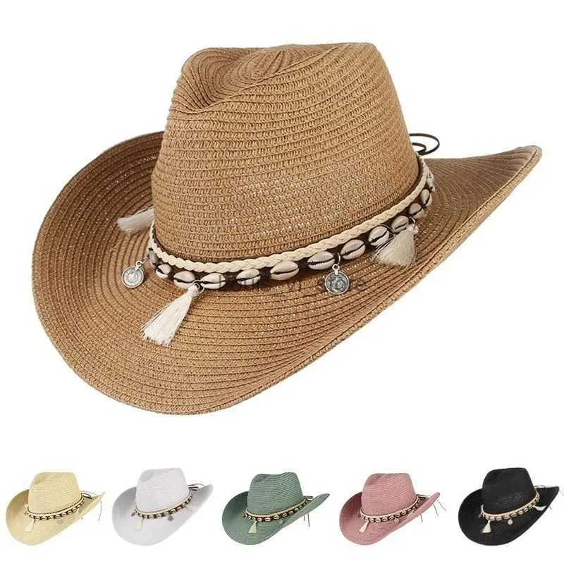 Sombreros de ala ancha Cubo Sombrero de paja de verano Borla Conchas de playa Sol Protección de mezclilla ajustable ligero H240330