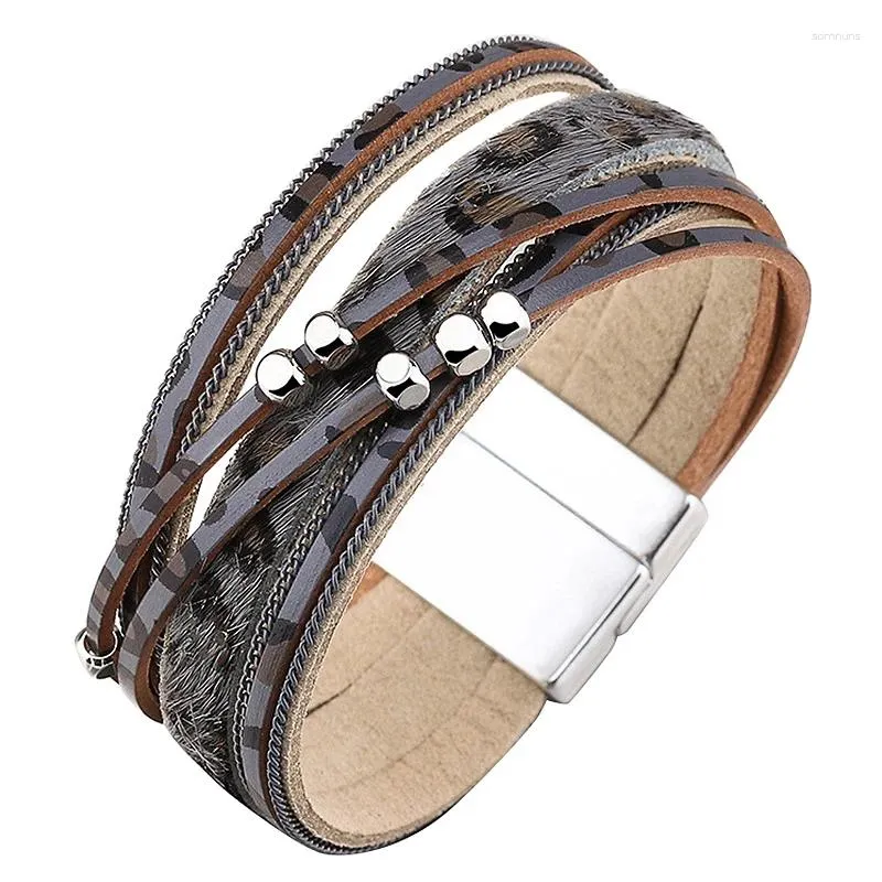 Charm Bracelets Leopard Print Leather Multi-Layer Wraps Bracelet Boho Wide Buckle Wristband Bangle Waterproofbraided Cuff For Women