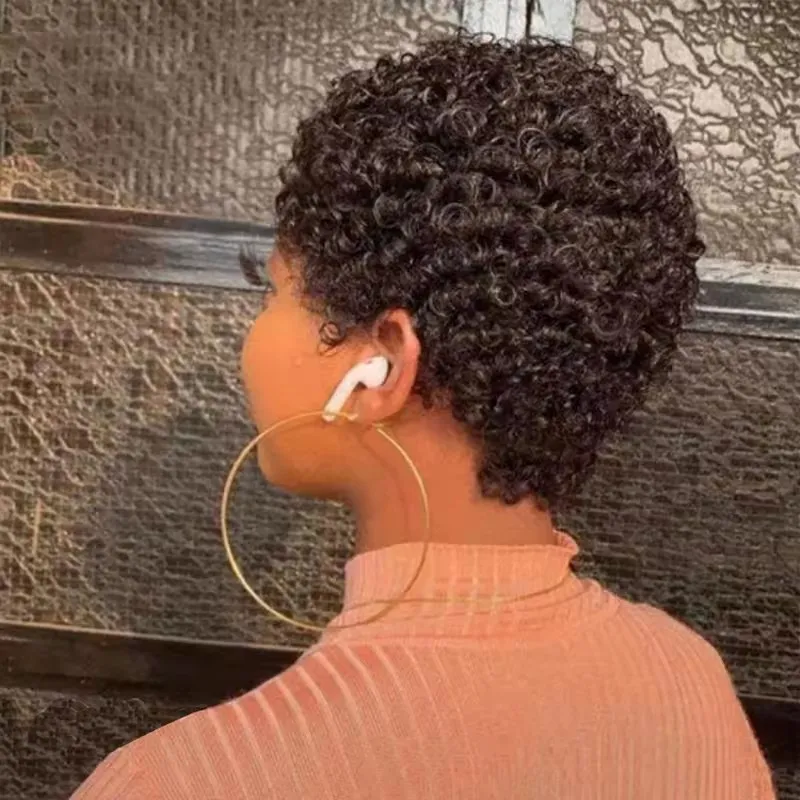 Coiffure Afro Pixie boucles perruque cheveux humains coupe effilée courte bob machine faite cuir chevelu naturel femmes utilisation quotidienne HD dentelle frontale perruques 180% densité