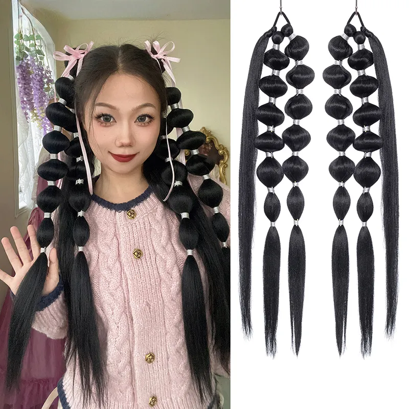 2PCS Long Synthetic Chignon Tail With Rubber Hairpiece Pony Braid Hair Ponytail Extensions Black Color For Women