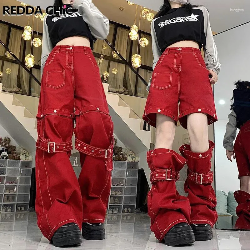 Jeans pour femmes Reddachic Couture blanche Pantalon cargo déconstruit Y2K Rouge Low Rise Baggy Wide Leg Jorts Shorts Warmers Femmes Ensemble 2 pièces