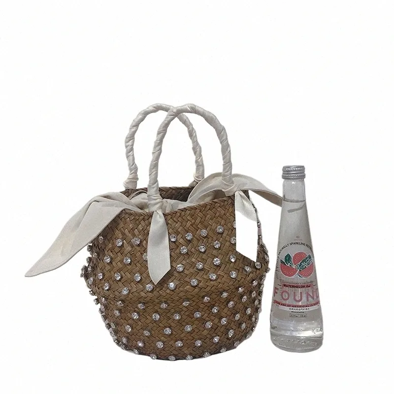 Handgjorda sömnadssemester FI Crystal Woven Basket Diamd Tote Luxury Beach Resort Retro Handväska Bag Women Design Straw 2023 B7FL#