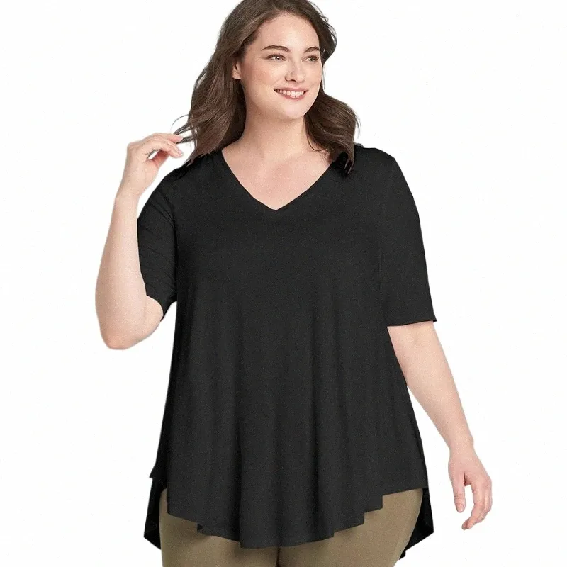 Plus Size V-hals Zomer Casual Hi Low Tuniek Tops Dames Korte mouw Effen Zwart Loose Fit Flare Basic Swing Blouse En Top 7XL V5bd#