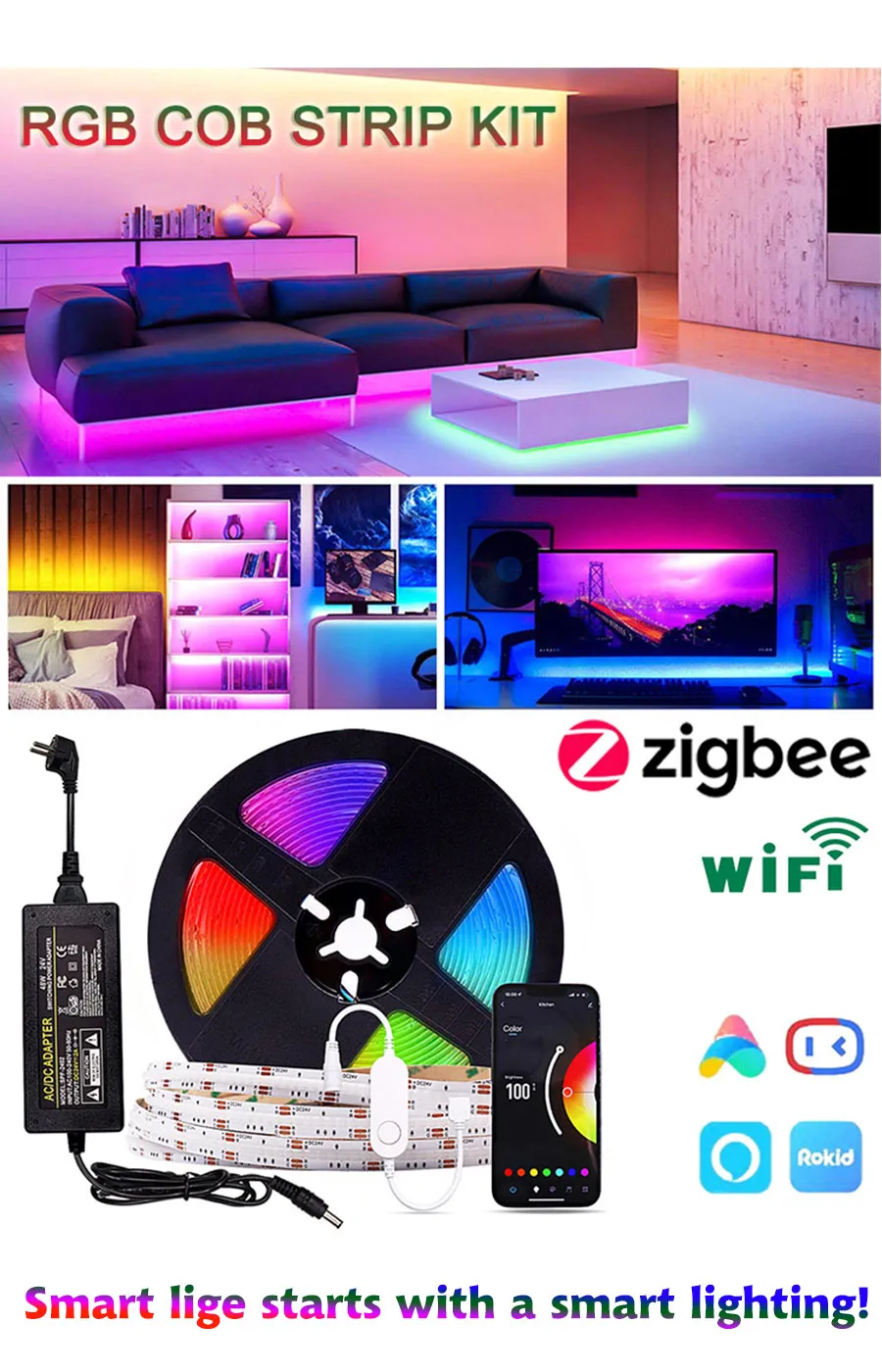 Tuya WiFi RGB COB LED Strip Light Kit 16.4 ft Compatible with Alexa ...