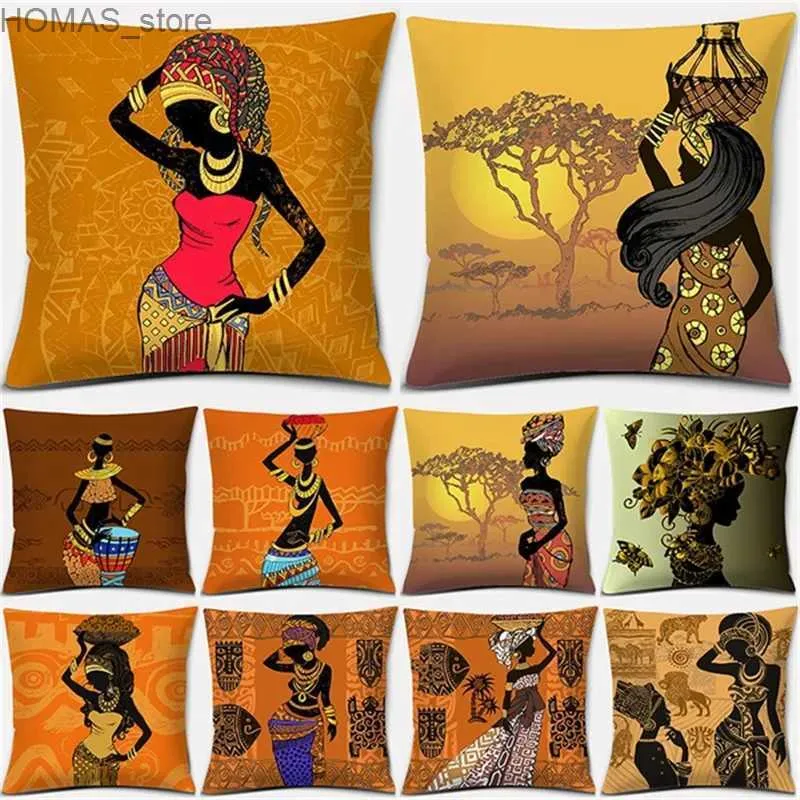 Kudde heminredning Case Ethnic African Women Polyester Car SOFA CUSHION COVER 45x45cm Y240401