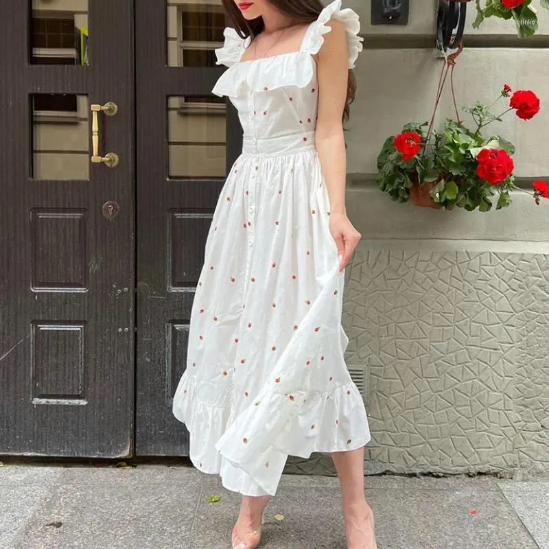 French Strawberry Print casual dress for Women - Elegant White Flying Sleeve Robe with Square Neckline and Front Button for Summer Parties in 2024
