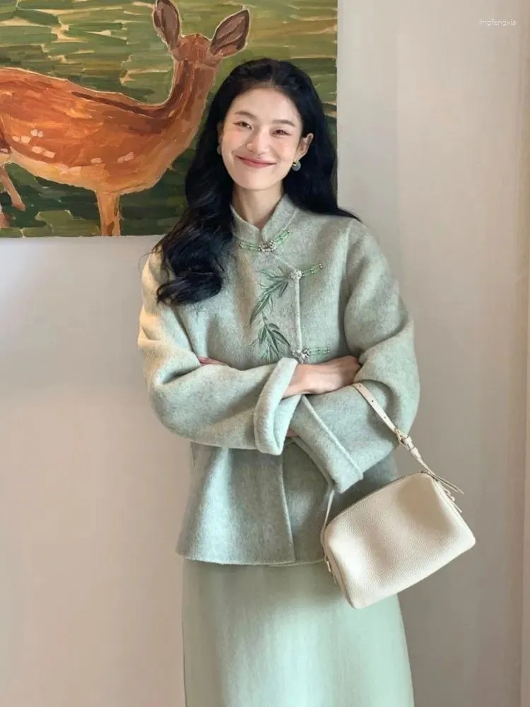 Arbeitskleider Chinesischen Stil Mode Wollrock Set Bambus Druck Stehkragen Jacke Top Einfarbig Midi 2-teiliger Anzug für Frauen