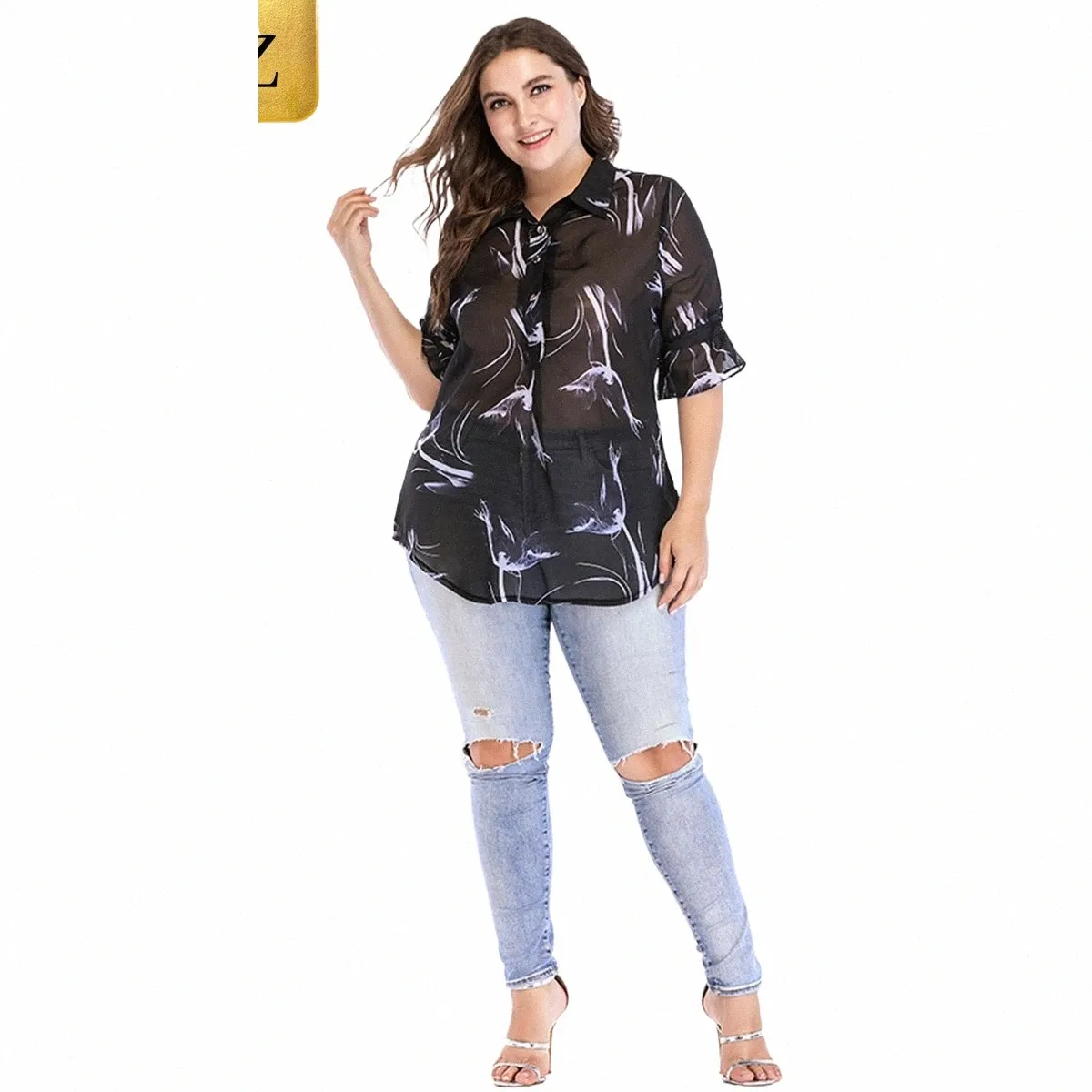 european And American Women's Loose Short-Sleeved T-Shirt Plus Size Women's Clothing Chubby Printed Chiff Shirt Big Size Top p63p#