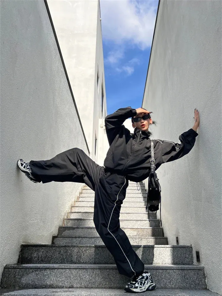90s Vintage Black Women Y2K Street Zip-Up Jacket Loose Wide Leg
