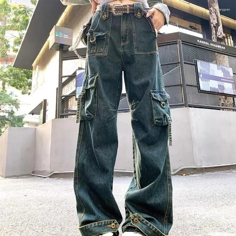 Women's Jeans Washed Pocket High-rise Straight-leg American Retro Street Wide Leg Overalls Harajuku Style Hip Hop Y2k Trousers