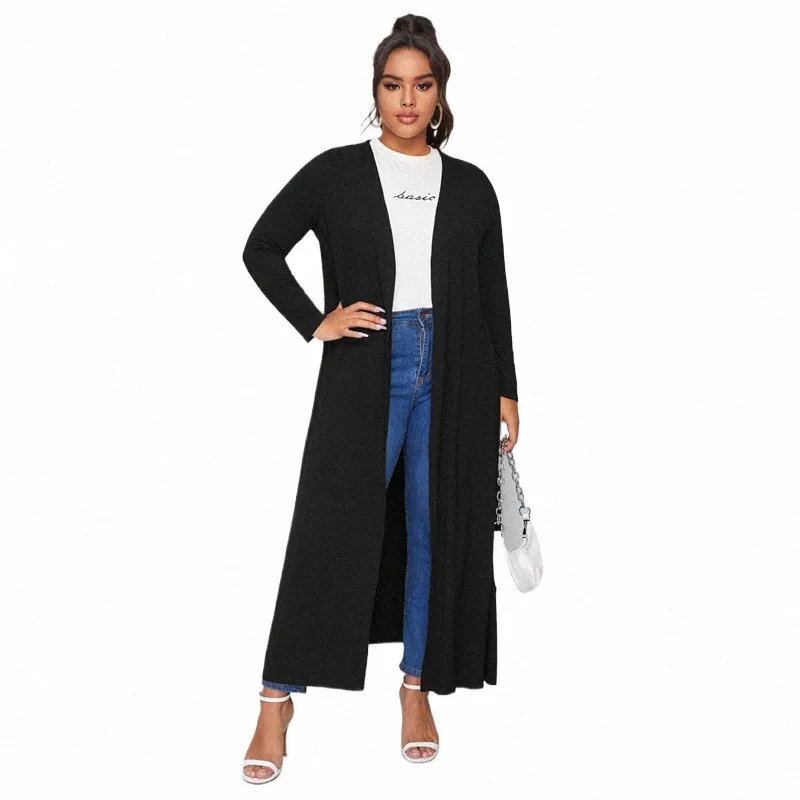 Plus -storlek Spring Elegant Maxi Cardigan Women LG Sleeve Open FRT Loose Black Casual Cardigan Plus Size Women Clothing 6xl 7xl T6WX#