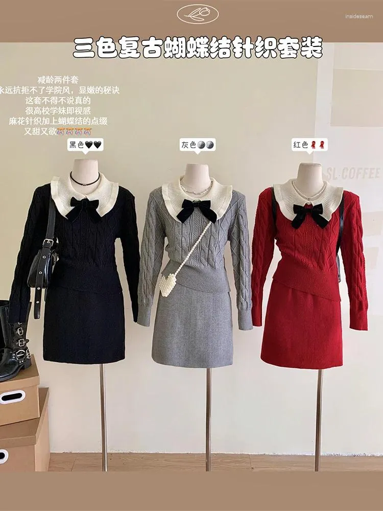 Abiti da lavoro Elegante set a due pezzi lavorato a maglia Donna Design con fiocco Pullover Maglione Mini Gonna a trapezio Autunno Inverno Y2K Abiti slim fit