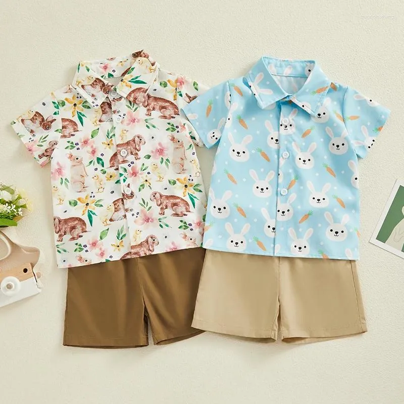 Conjuntos de roupas 0-4y bebê meninos roupas casuais páscoa impressão manga curta botão camisas calças criança crianças roupas de verão
