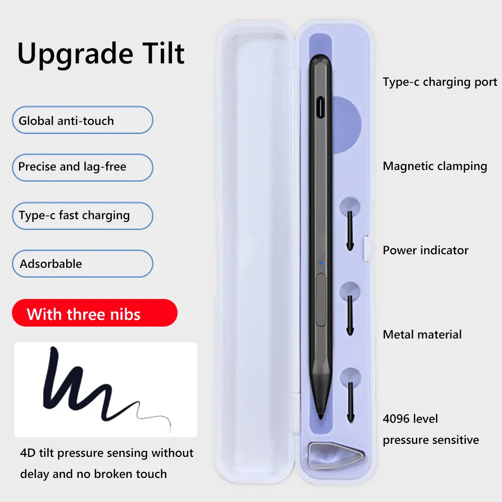 Stilotto di laptop 4096 TOCCHI Sensibile a pressione Stylus Penna di tipo-C ricaricabile con 3 Pennie per Microsoft Surface Pro 9/8/7/6/5