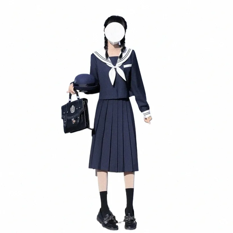 65cm lguette JK Uniform Sets Japanese Women girls uniform dark blue Short/lg Sleeve School Uniforms Sailor Pleated Skirt o6QE#