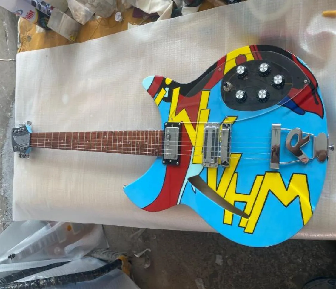 Pintado à mão azul 360 6 cordas semi oco corpo guitarra elétrica dot inlay cinco botões claro pickguard laca marrom fingerboard2550845