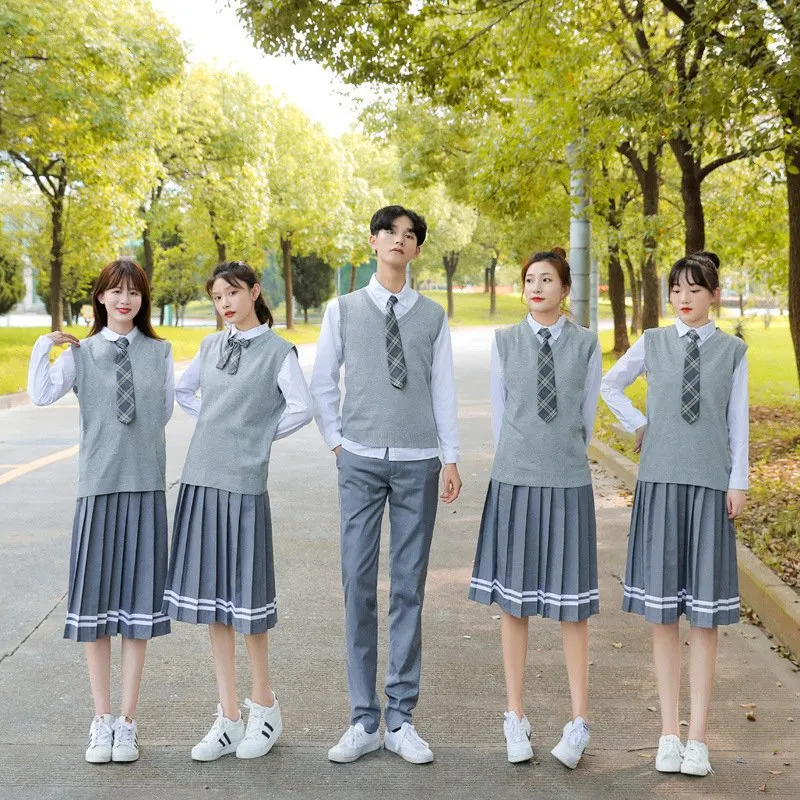 DHgate korean High School Uniform Set Japanese Cardigan Cosplay Girl Grey Vest White Shirt Tie Summer New Style Simplicity Cott 2022 T6SA Apparel