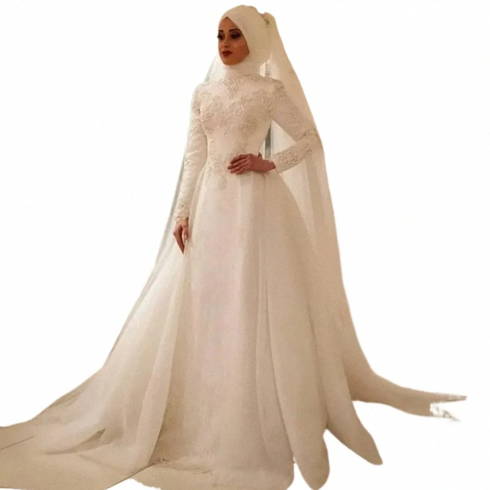 Robes de mariée musulmanes Dr pour femmes, col haut, manches Lg, perles en dentelle, ligne a, longueur au sol, robe de mariée arabe de Dubaï, nouvelle collection, f9N0 #