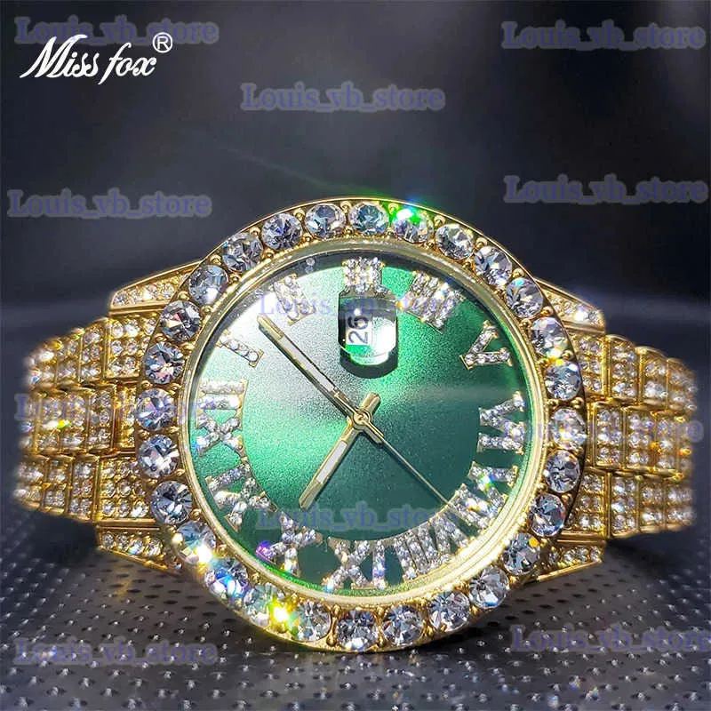 Altri orologi da uomo in oro 18 carati con quadrante verde lunetta con diamanti grandi affari di lusso tendenza hip hop coppia quarzo es calendario dropshipping T240330