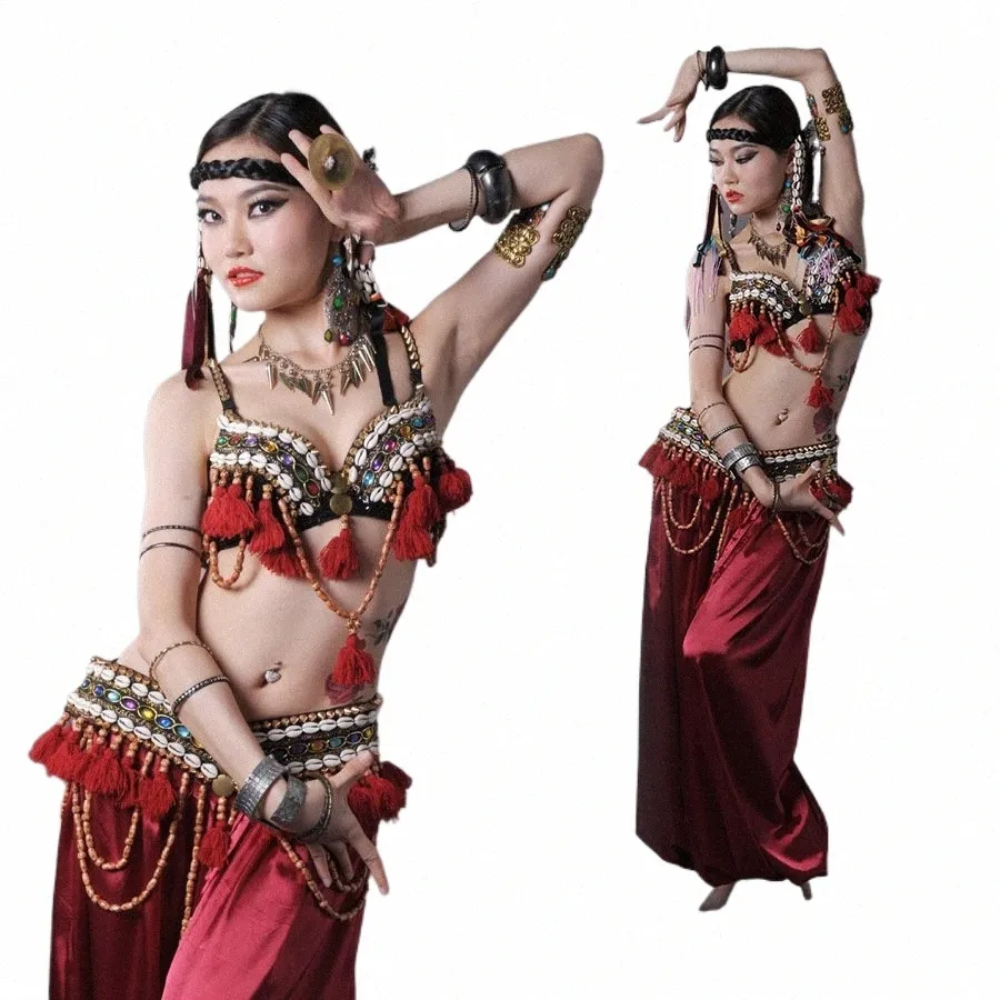 Costumes de danse du ventre Tribal Fusi rouge, ensemble 3 pièces, soutien-gorge, ceinture et pantalon Haren, Costume gitane, pantalons de danse du ventre, Costumes o16I #