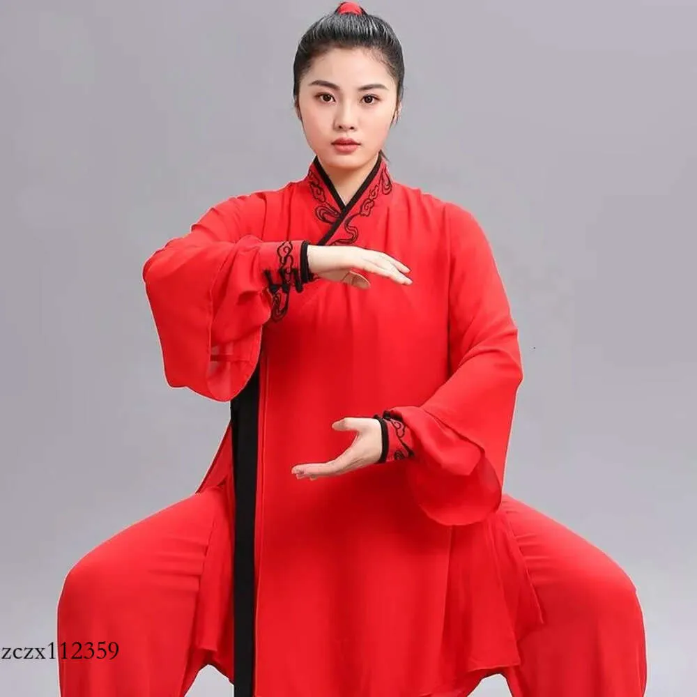 新しい2024エスニック服Red Tai Chi Uniorm Hanfu Martial Arts Chinese Traditional Folk Costume Embroidery Suit MorningSportswear T2056 Nese