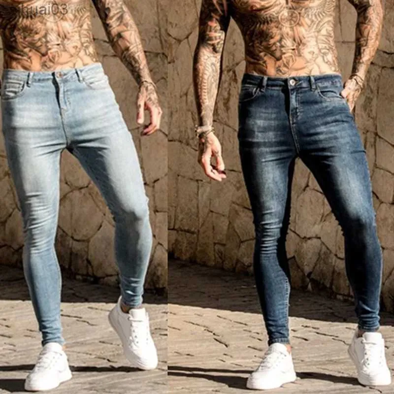 Men's Jeans New Streetwear Mens Elastic Jeans Casual Mens High end Solid Color Slim Fit Tight Pants Fashion Sports Jogging Harajuku PantsL2403