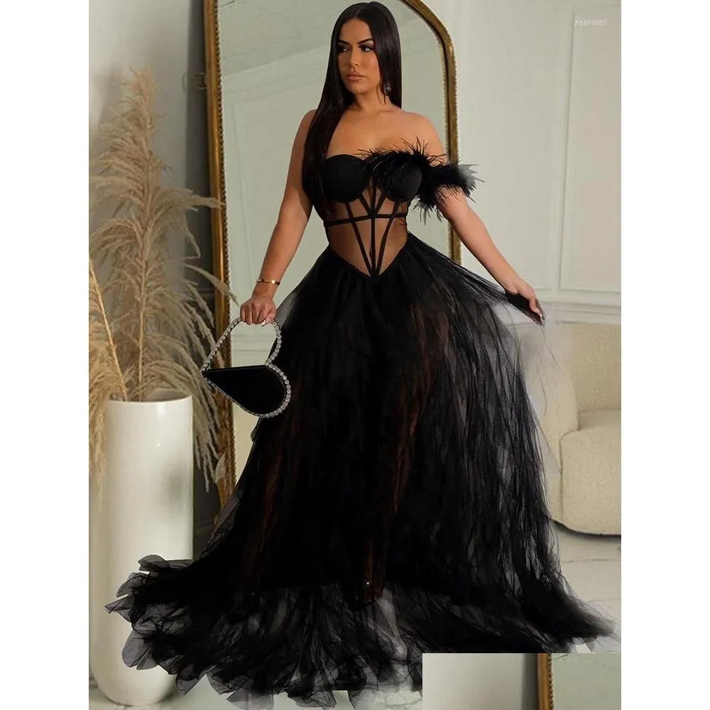 Basic Casual Dresses Y Mesh Feather Birthday Party Prom Corset See Through Night Club Evening Gowns Women Clubwear Long Dress Drop Del Dhcku