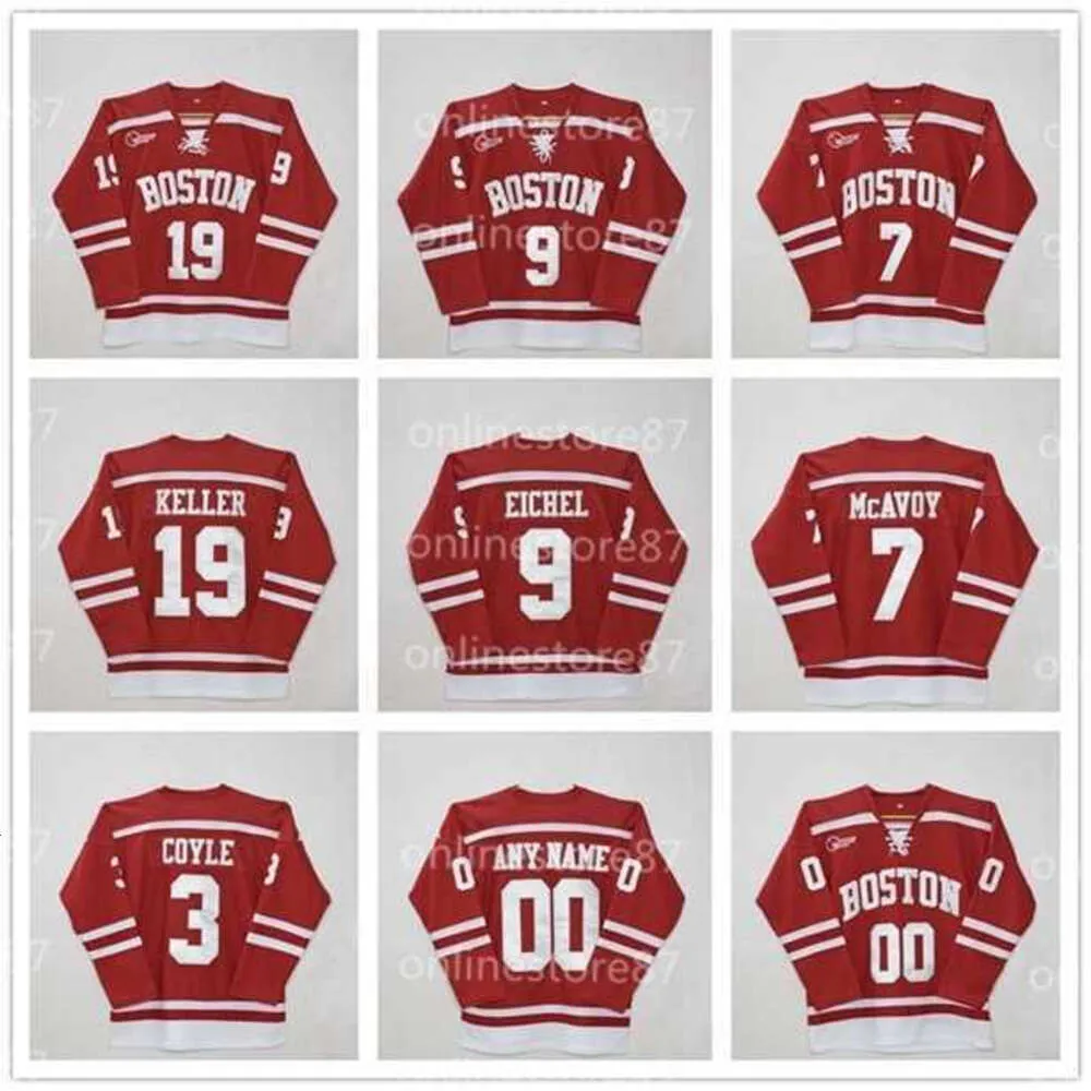 24S 211Boston University 3 Charlie Coyle 7 Charlie McAvoy 9 Jack Eichel＃19 Clayton Keller 20 Diffley Red Stitched Patches Custom Hockey Jersey