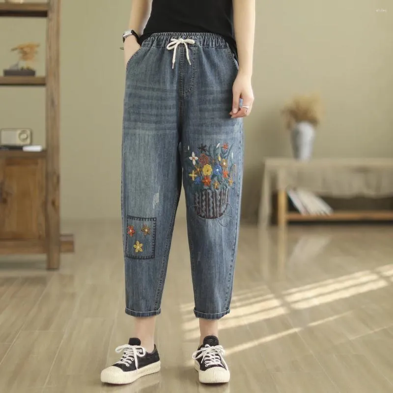 Damen Jeans Mori Kei Frauen Frühling Herbst Blumensträuße Stickerei Lose Denim Haremshosen Japanische Vintage Kleidung