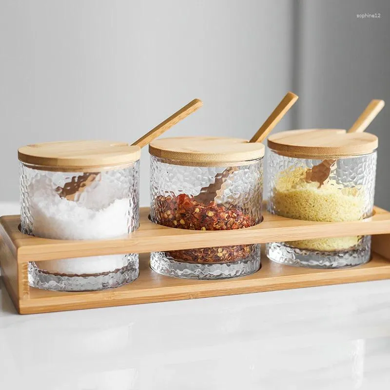 Bouteilles de stockage Pot en verre de style japonais avec couvercle en bois de bambou Coffret d'assaisonnement Ensemble de cuisine domestique Salière Sucrier