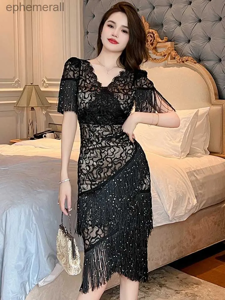 Kentsel Seksi Elbiseler Yeni Fransız Retro Kadınlar Zarif Lüks Siyah Dantel Pullu Tassel Düzensiz Elbise Ev Sahibi Moda Şovu Robe Lady Party Prom Vestidos YQ240330