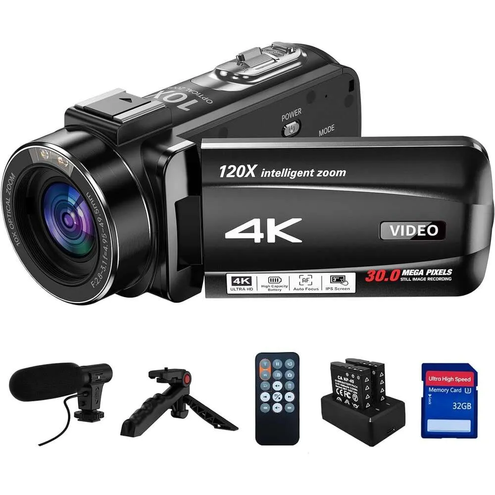 Professionell 4K -videokamera -videokamera med 10x Optisk zoom, 120x Intelligent Zoom, 30MP, 24FPS, Auto Focus, Vlogging Camera med mikrofon, stativ, pekskärm